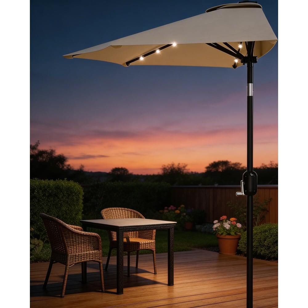 9ft Outdoor Patio Half Umbrella, with Solar LED Lights and Smooth Crank Lift