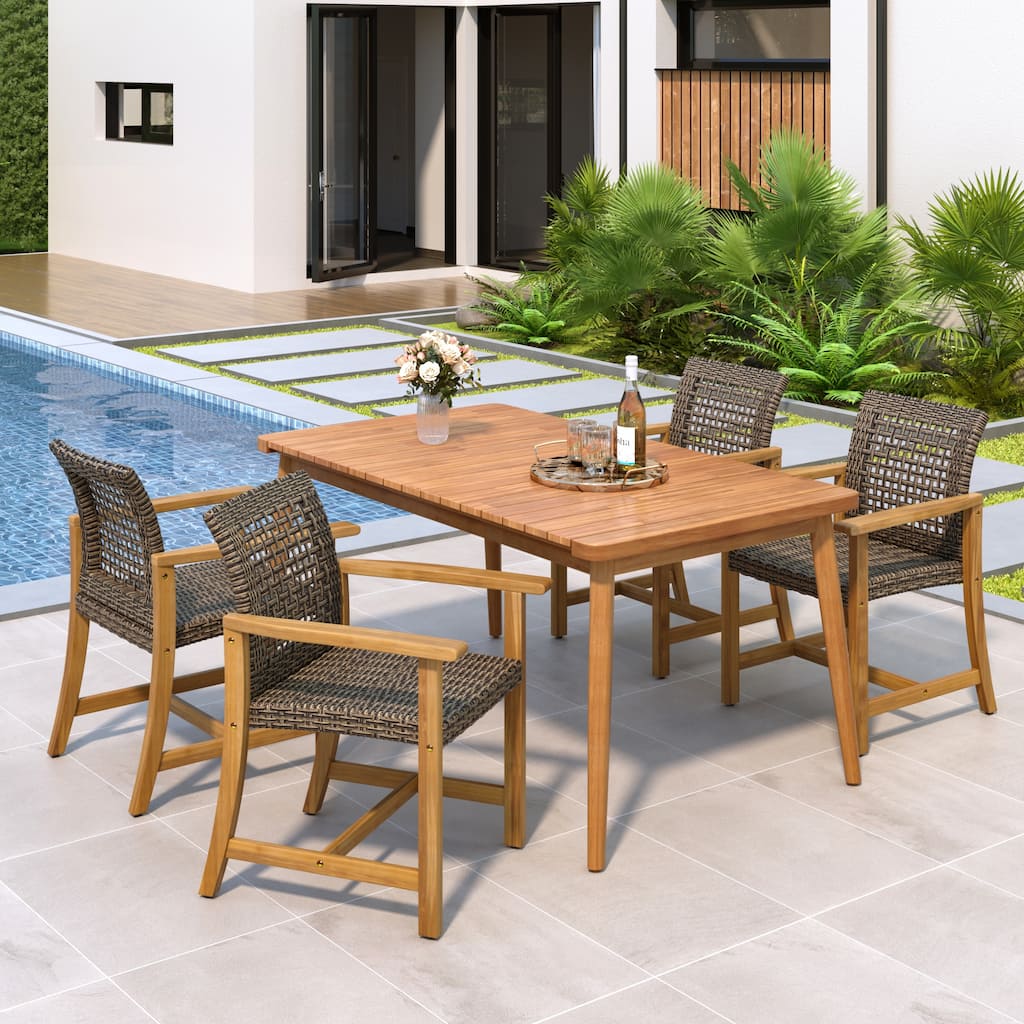 Roomfitters 5-Piece Outdoor Dining Set, Acacia Wood Patio Table and 4 Wicker Armchairs for Garden Deck Poolside, Brown