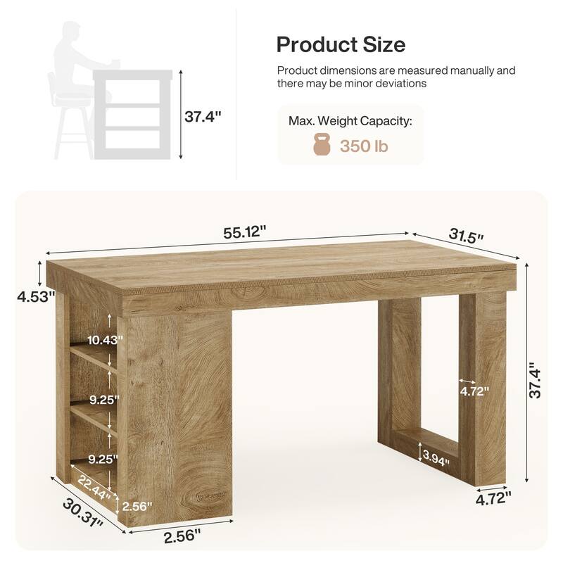 Large Farmhouse Bar Table, 55" Wood Counter Height Table with Storage