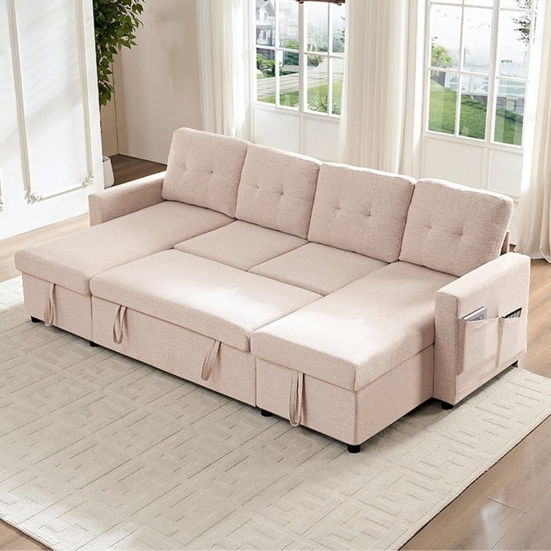 98"W 4-Seater Modular Sleeper Sofa Bed with Storage Chaise,U-shaped Sofa with Pull-out Bed - Beige - 4-Seater
