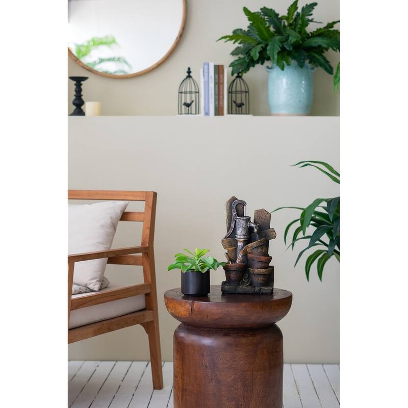 7.7x3.9x13.6" Brown and Gray Water Fountain with Antique Water Pump Design and LED Light