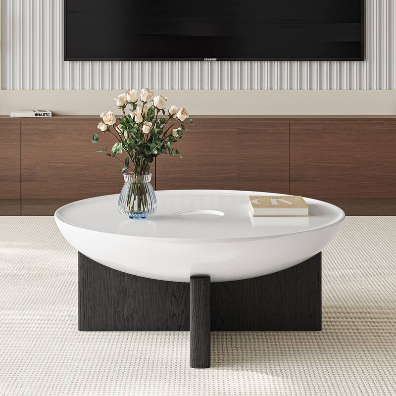 35.4" Modern Round Coffee Table - White Tabletop with Black Wood Cross Base, Sturdy Center Table for Living Room