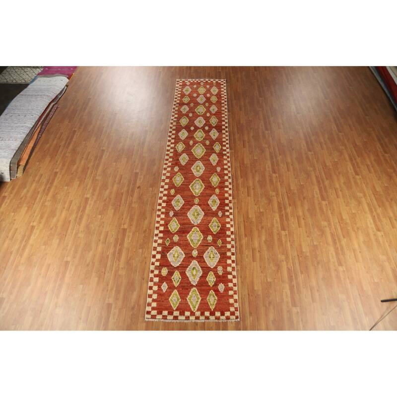 Orange Moroccan Oriental Runner Rug Handmade Hallway Wool Carpet - 3'5" x 15'10"