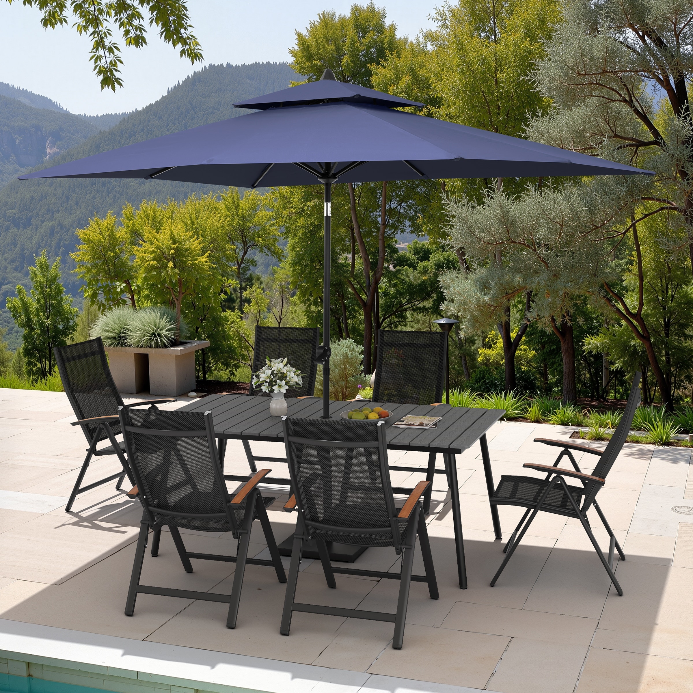 9PC Outdoor Patio Dining Set Wood-Like Aluminum Umbrella Hole Table with Folding Chairs,Double Top Market Umbrella and Base