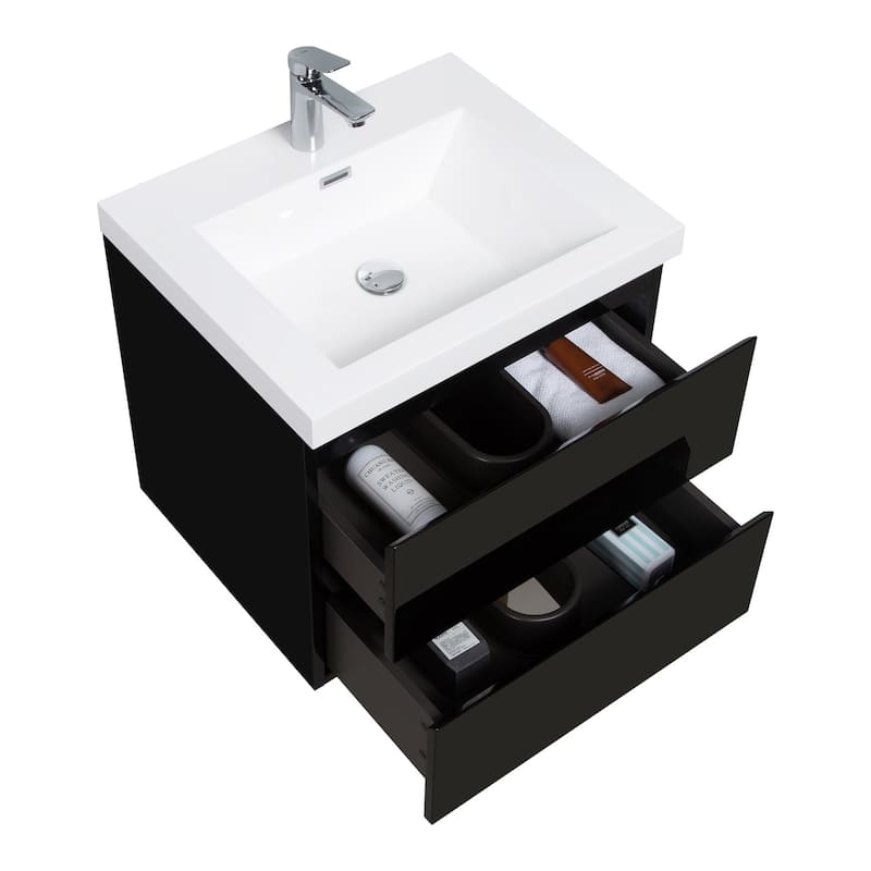 MDF Wall-Mounted Bathroom Vanity Set in Black with Integrated Culture Marble Sink
