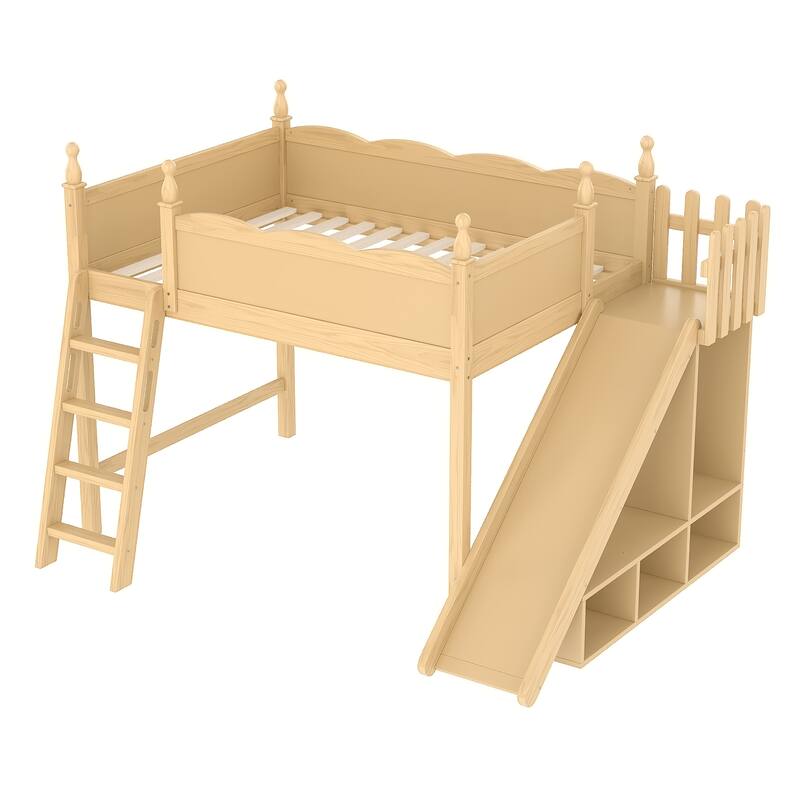 Full Loft Bed with Storage Shelves and Wardrobe, Solid Wood Loft Beds with Detachable Slide and Ladders, No Spring Box Needed