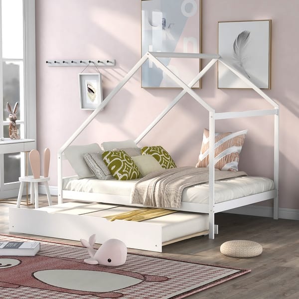 slide 2 of 27, Full Size Wooden House Bed With Trundle and Roof for Kids, Boys and Girls White
