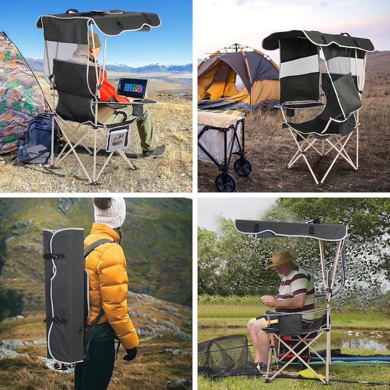 Camping Chair, Beach Chair with Canopy, Folding Camping Chair with Shade, with Cooler and Cup Holder