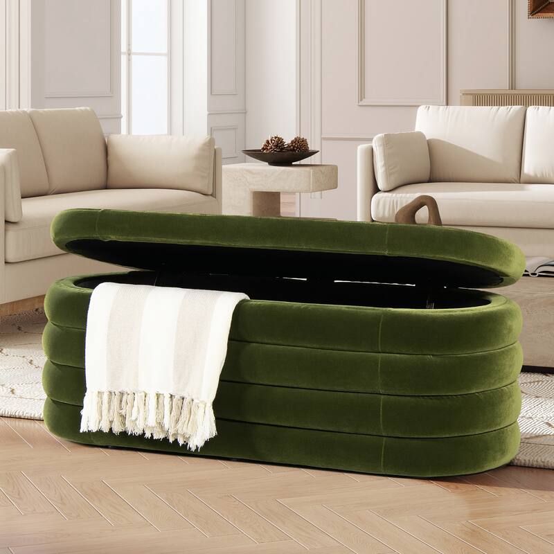 Fuji 49" Boucle Faux Sherpa Upholstered Tufted Oval Storage Bench