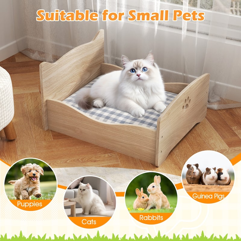 Natural Elevated Pet Bed Frame with Cute Headboards and Rails Ideal for Small Animals - 21" x 18" x 20"