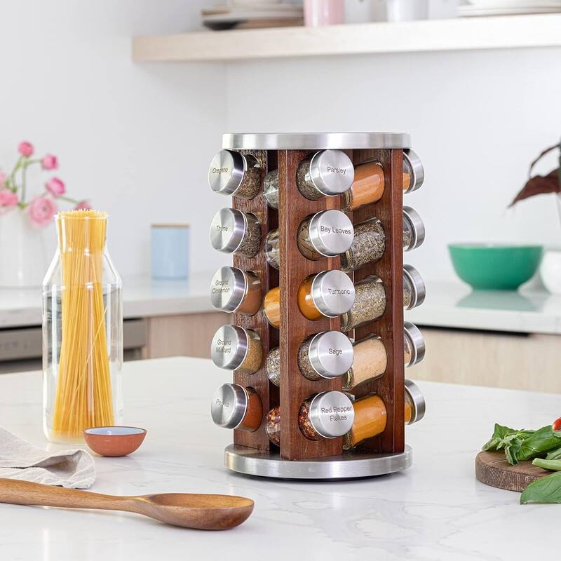 20 Jar Dark Acacia Wood Spice Rack with Spices Included - ‎12.1"D x 13.6"W x 14.9"H