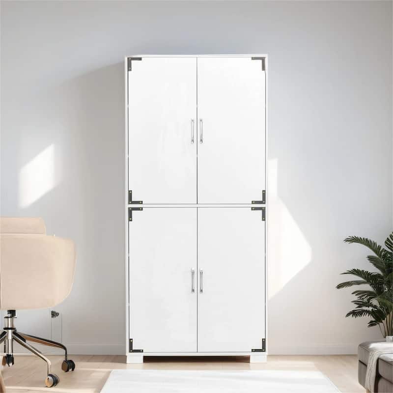 Industrial Kitchen Pantry Cabinet w/ 4 Door Cupboard & Storage Shelves - White