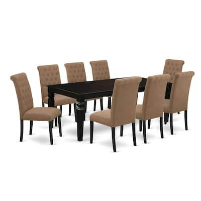 Rectangle Dining Set with Butterfly Leaf & 8 Parsons Chairs - Black Finish, Light Sable Fabric - 84
