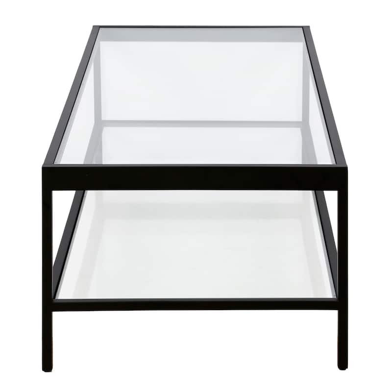Contemporary 54-Inch Rectangular Coffee Table Glass Top with Steel Base Bottom Storage Shelf Perfect for Living Room