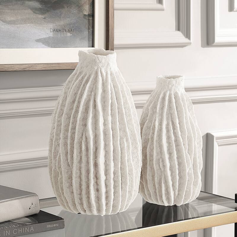 Ridge Textured Vases - 14" - Cream - Set of 2