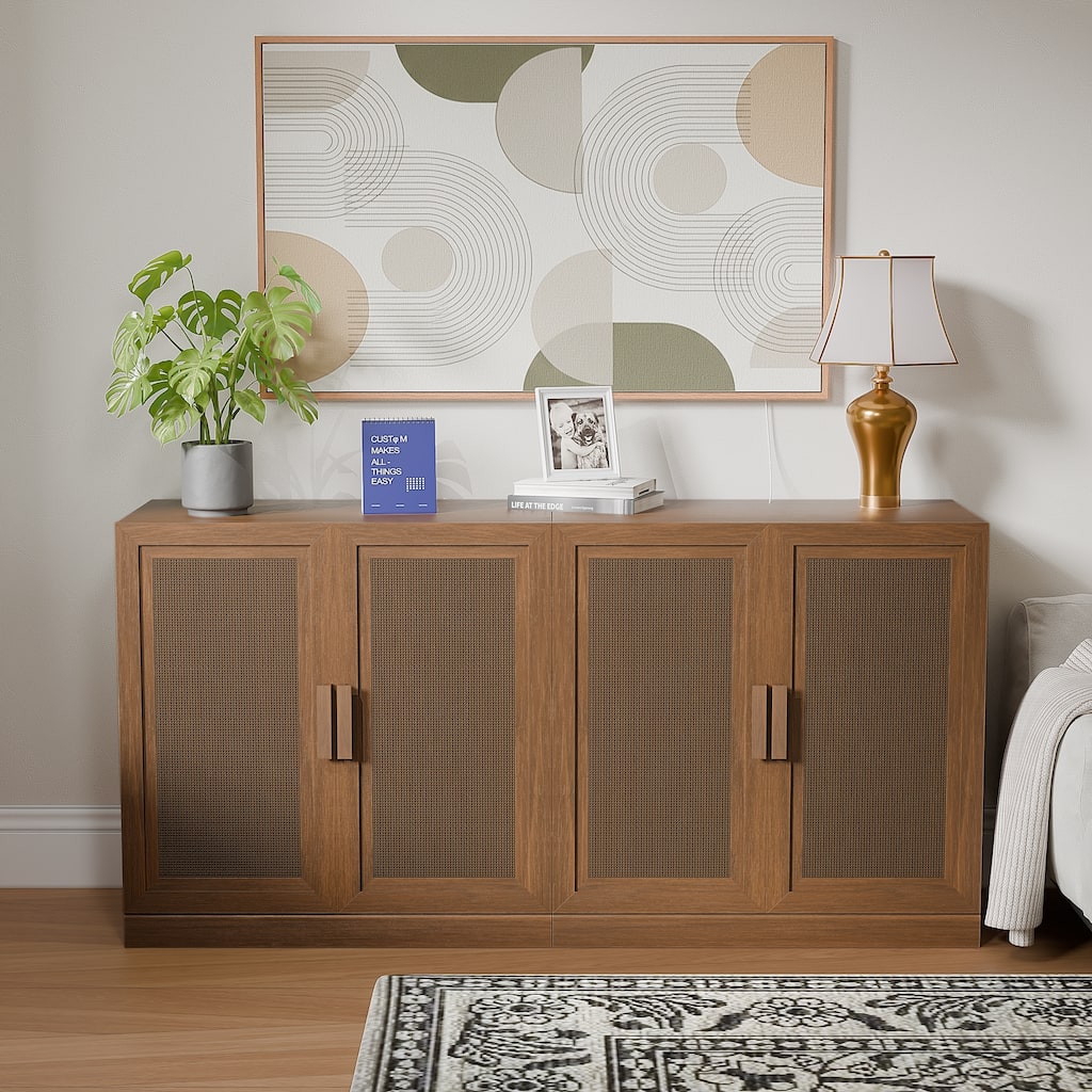 Dovelina Sideboard Buffet Storage Cabinets with Adjustable Shelves,Rattan Door - 62"Lx31"H