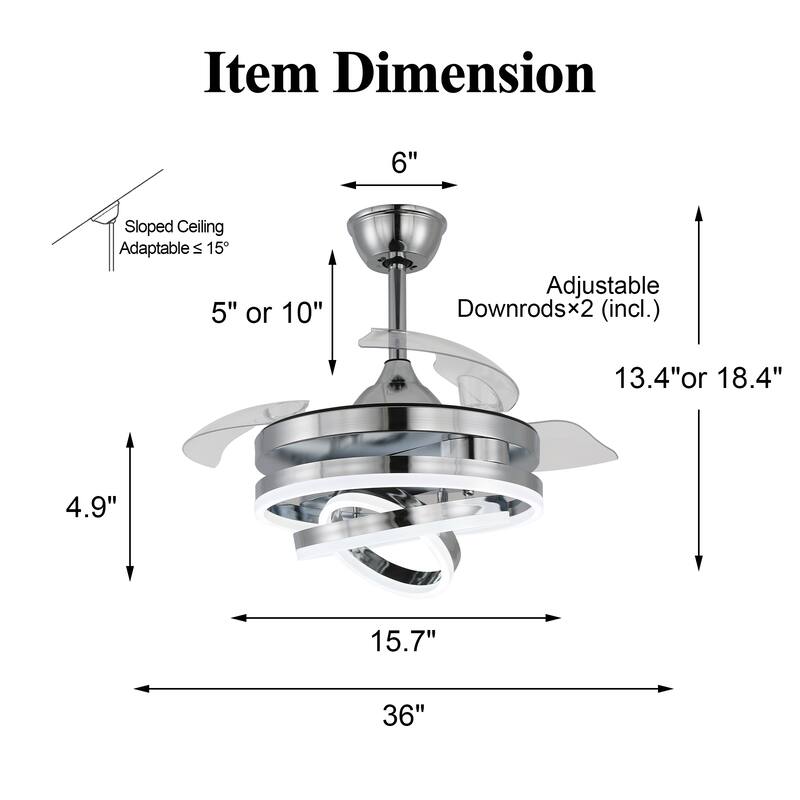 Bella Depot 42" Modern Retractable DIY Shape Ceiling Fan with Remote, 6-Speed Reversible Ceiling Fan with LED Light