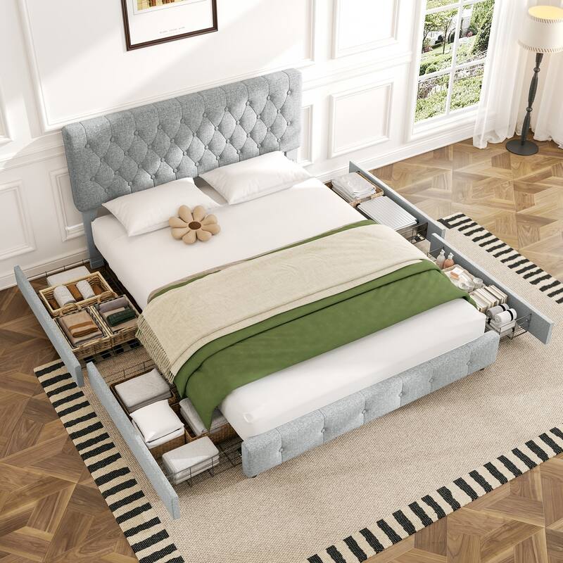 Linen Upholstered Headboard Bed Frame with Large Hidden Storage, 4 Underbed Drawers with Pulleys