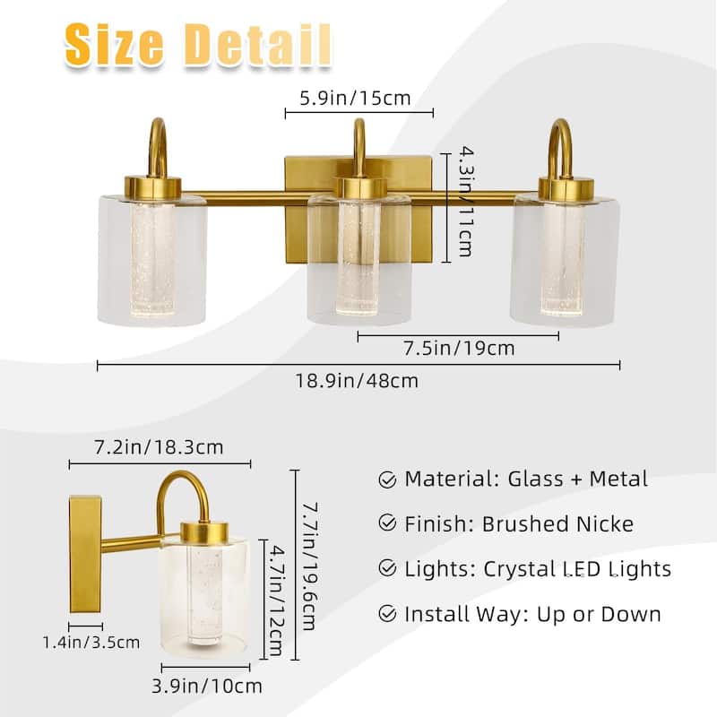 Mid-century Modern Brushed Gold Vanity Lights with Crystal Bubble Glass