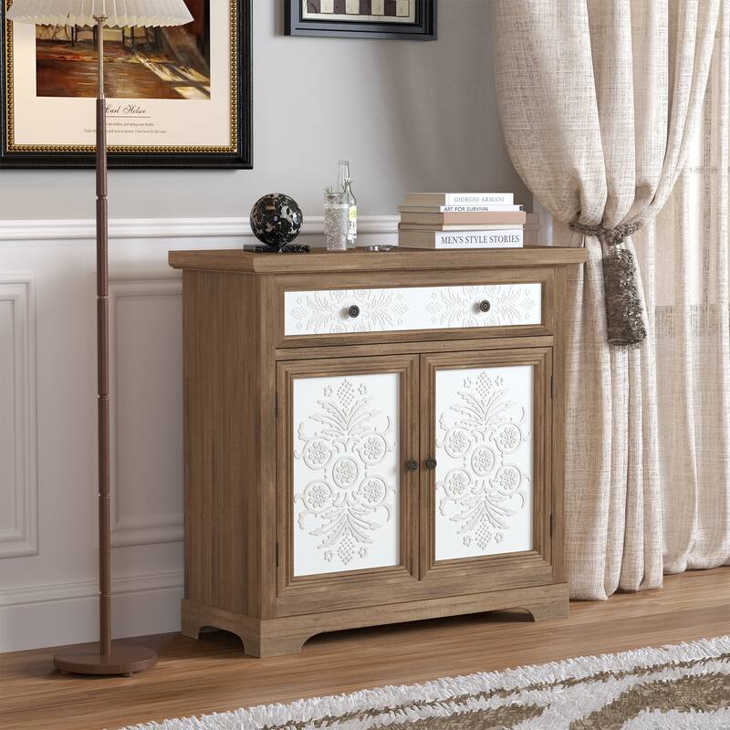 Rustic Vintage Accent Cabinet with Carved Floral Panels, Distressed Wood Sideboard with Drawer and Double Doors