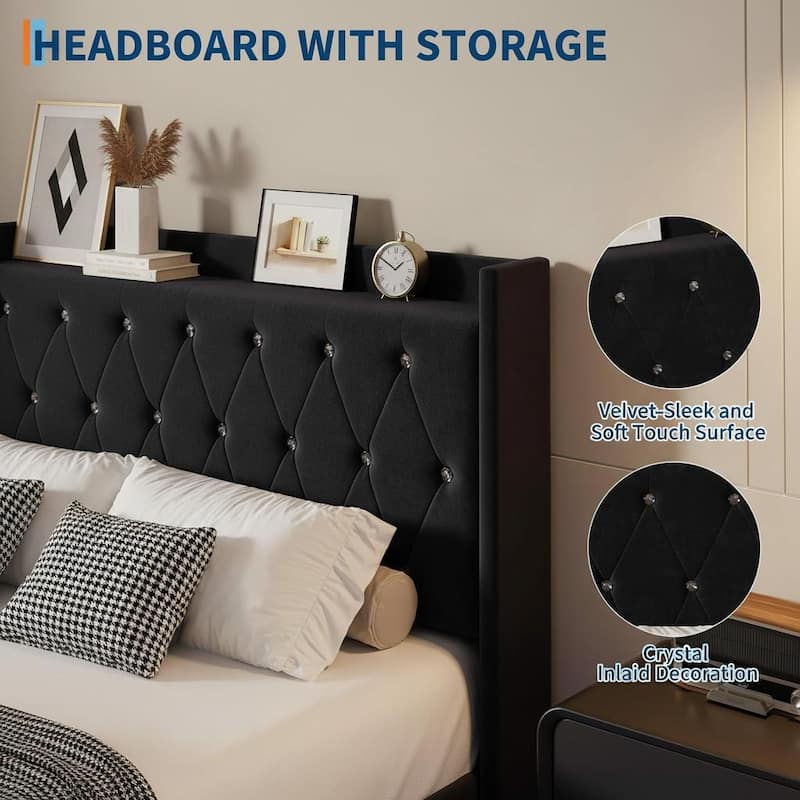 Bed Frame with LED Lights and Wingback