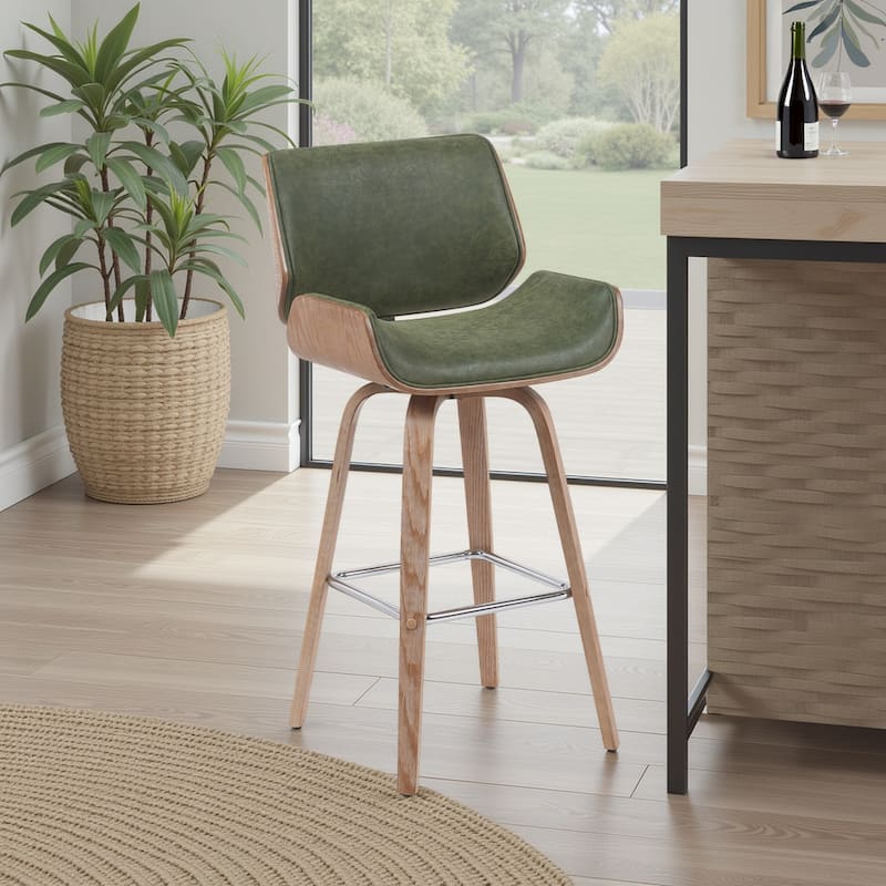 Tyler Mid-Century Swivel Bar Stool, Upholstered Counter Height Chair with Bentwood Legs - Vintage Green & White Wash - Bar Height