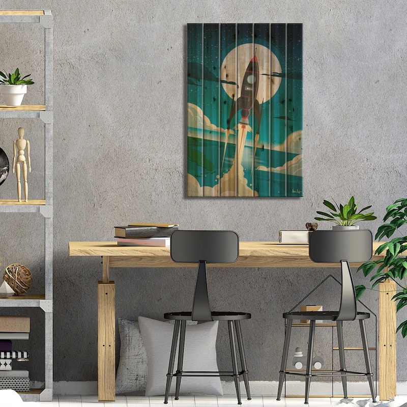 Rocket To The Moon Print On Wood by IdeaStorm Studios - Multi-Color