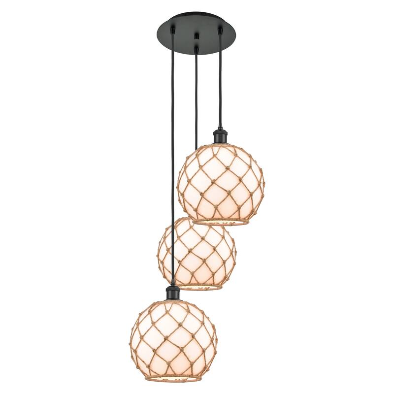 Innovations Lighting Endless Possibilities Ballston - Farmhouse Rope - 3 Light 17" Cord Hung Multi Pendant - White Glass with Brown Rope/Matte Black