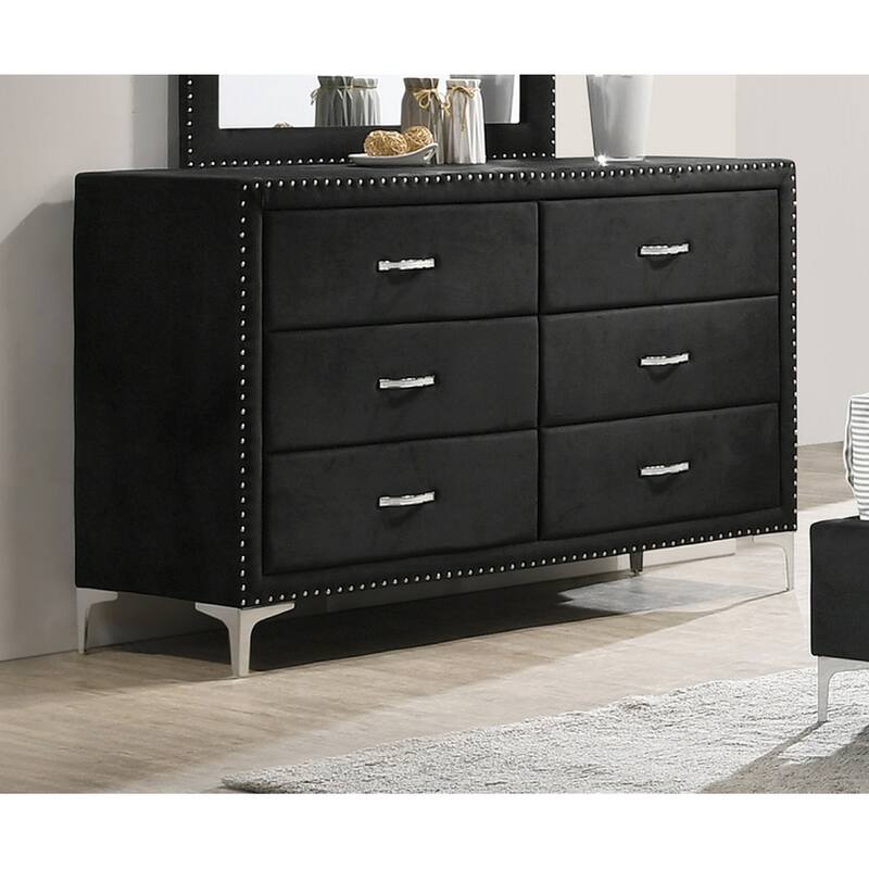 60" Glam Six Drawers Dresser with Fabric Upholstered Tufted Nailhead and Tempered Glass - Black