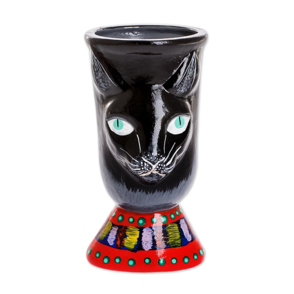 Novica Handmade Top Cat In Black Ceramic Flower Pot