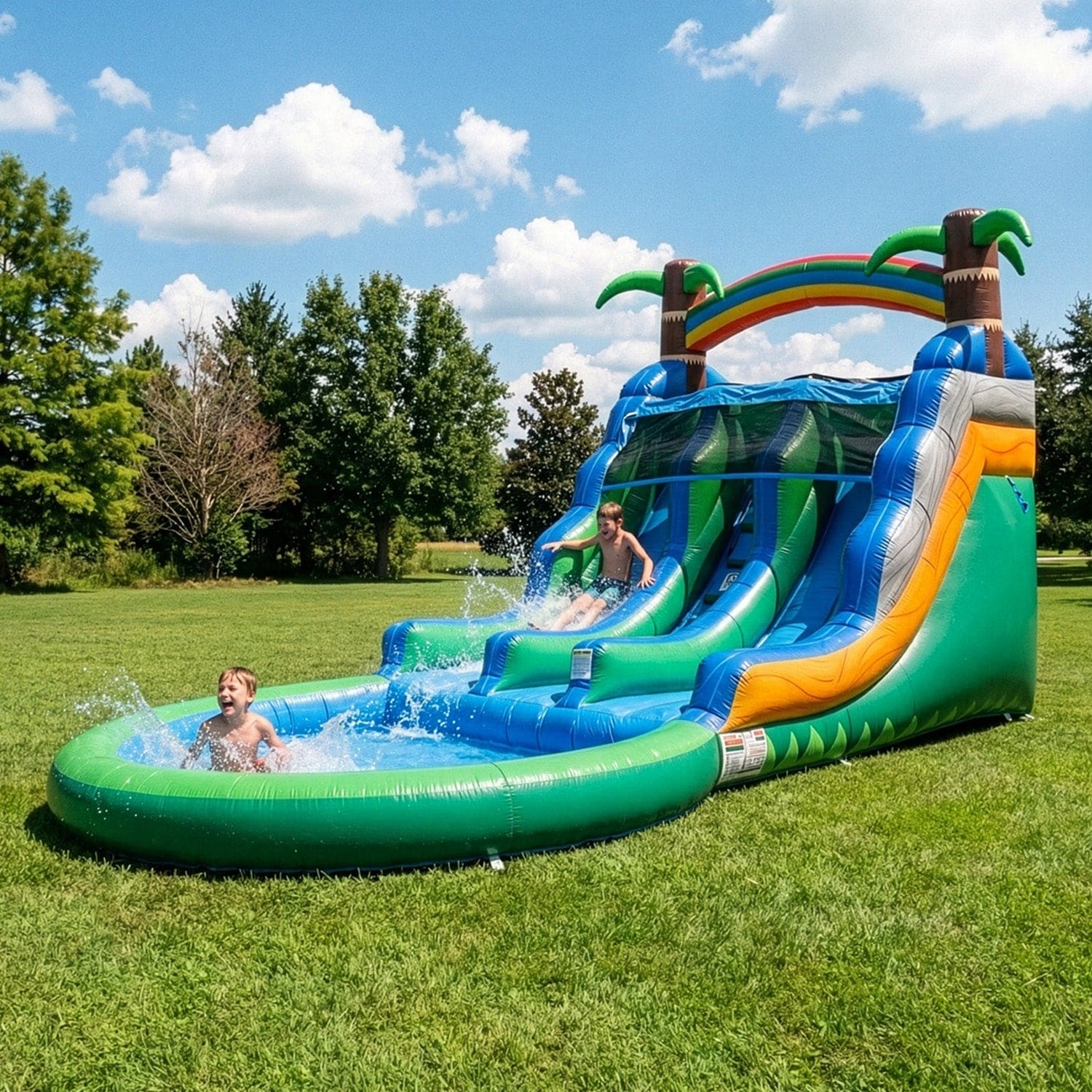 POP JUMP 23 Ft Tropical Island Dual Lane Inflatable Water Slide w/Splash Pool, Commercial-Grade PVC Vinyl, Includes Air Blower