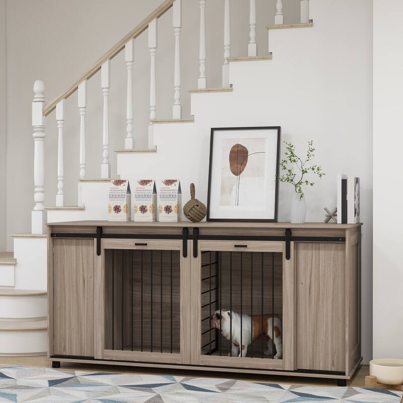 Modern Dog Crate Dog Kennel with Removable Divider Large Dog House End Table with Storage Double Doors - Brown