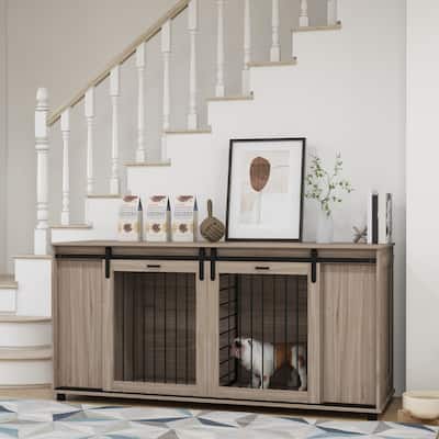 Modern Dog Crate Dog Kennel with Removable Divider Large Dog House End Table with Storage Double Doors