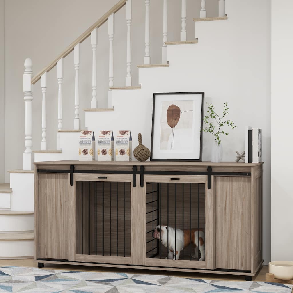 Modern Dog Crate Dog Kennel with Removable Divider Large Dog House End Table with Storage Double Doors