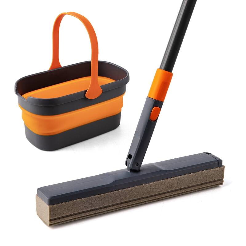 Adjustable Sponge Mop Kit with Portable Bucket for Home Floor Cleaning - Black