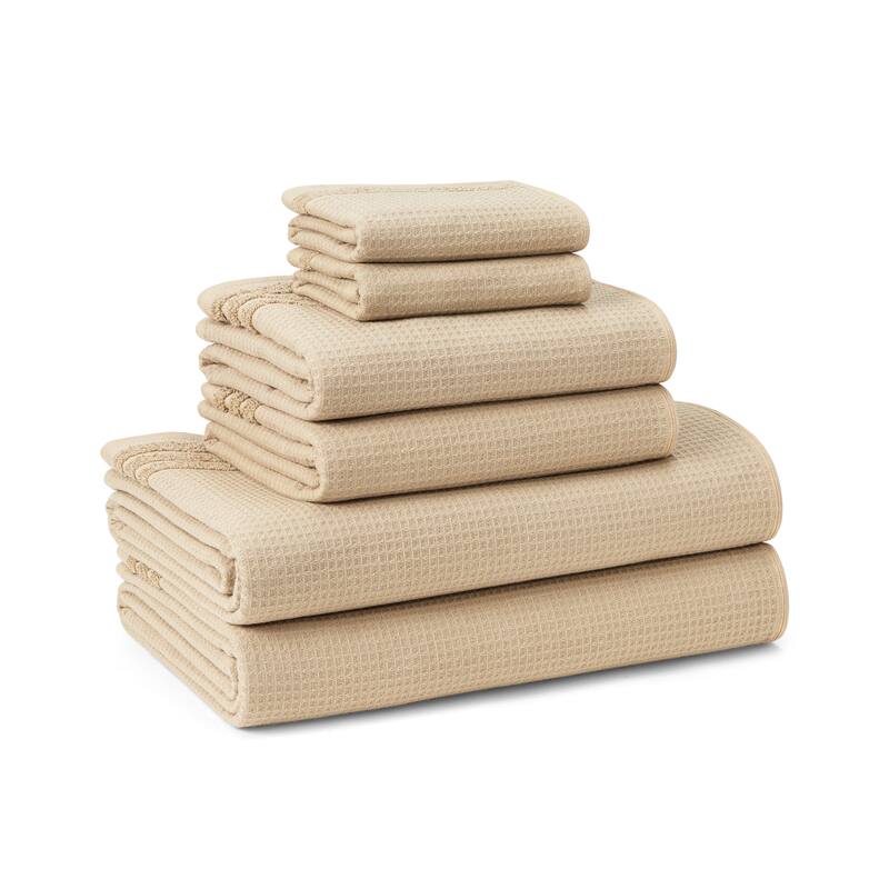 TOWN & COUNTRY BASICS 6-Piece Assorted Waffle Woven Terry Stripe Set, 2 Bath, 2 Hand, 2 Wash, 100% Cotton, Quick Dry - Taupe
