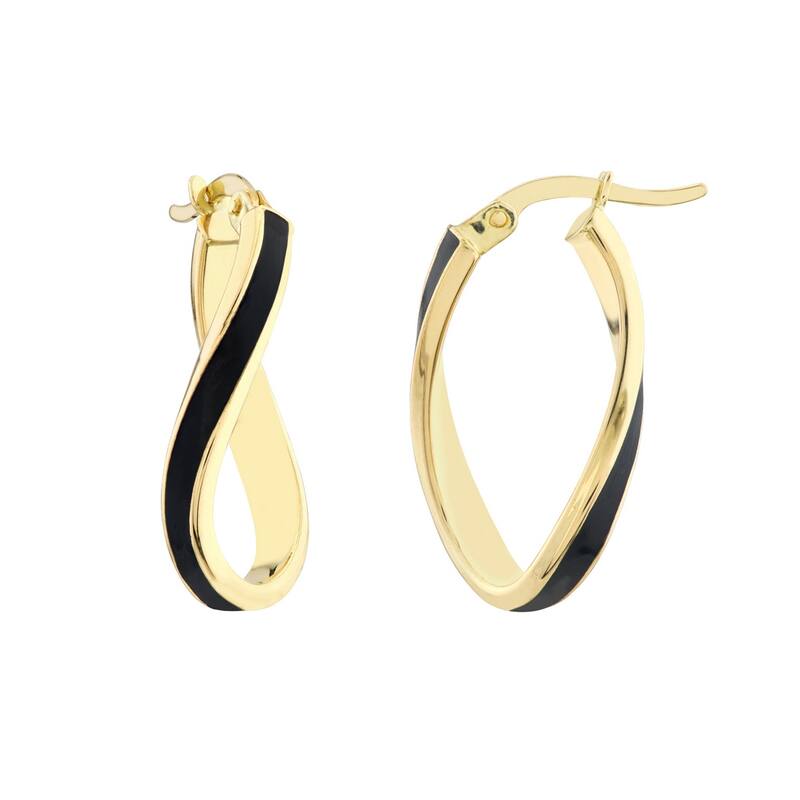 Curata 14k Yellow Gold 16.3x3mm Black Enamel Oval Twist Hoop Earrings