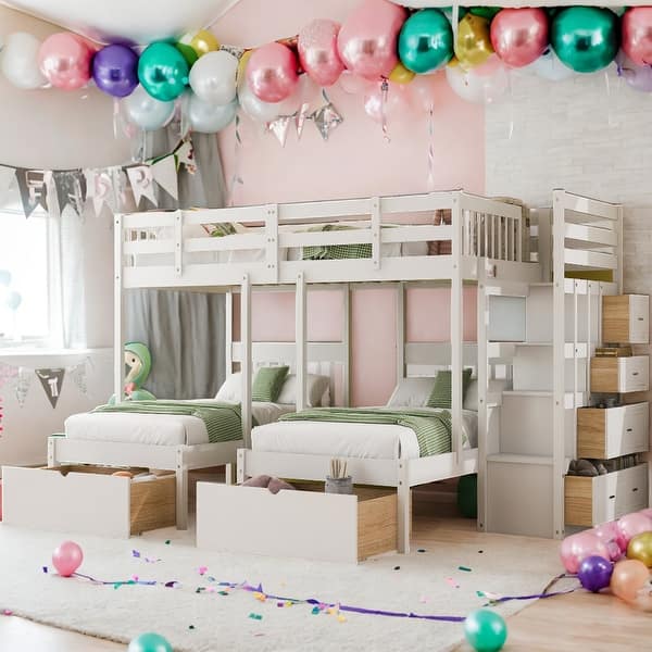 slide 2 of 40, Modern Full Over Twin&Twin Triple Bunk Bed with Drawers and Guardrails,Solid Construction for Kids
