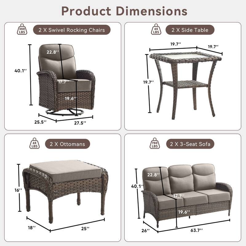 Pocassy Patio 3-Seat Sofa Swivel Chair Table with Ottoman