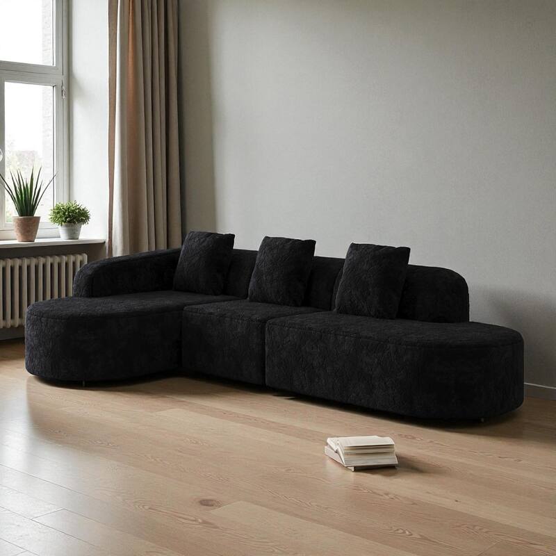 111.8" Modern Curved Modular Sectional Sofa Upholstered in Lychee-Textured Long-Pile Polyester with 3 Pillows for Living Room - Black