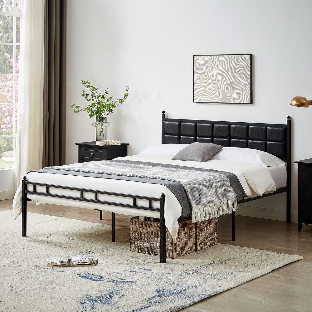Javlergo Metal Platform Bed Frame Black PU Leather Square Tufted Bed Heavy-Duty Metal Bed Frame No Box Spring Needed