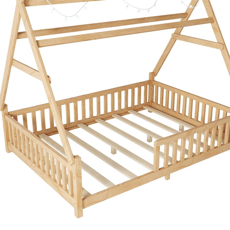 House Bed with Light, Low Toddler Floor Bed House-shaped Roof Frame with Fence and Roof for Kids Boys Girls
