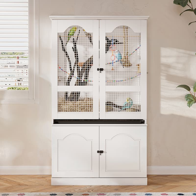 Large Wooden Bird Cage Cabinet with Storage, White Bird Aviary with Metal Mesh & Removable Tray, Indoor Bird Cage Furniture