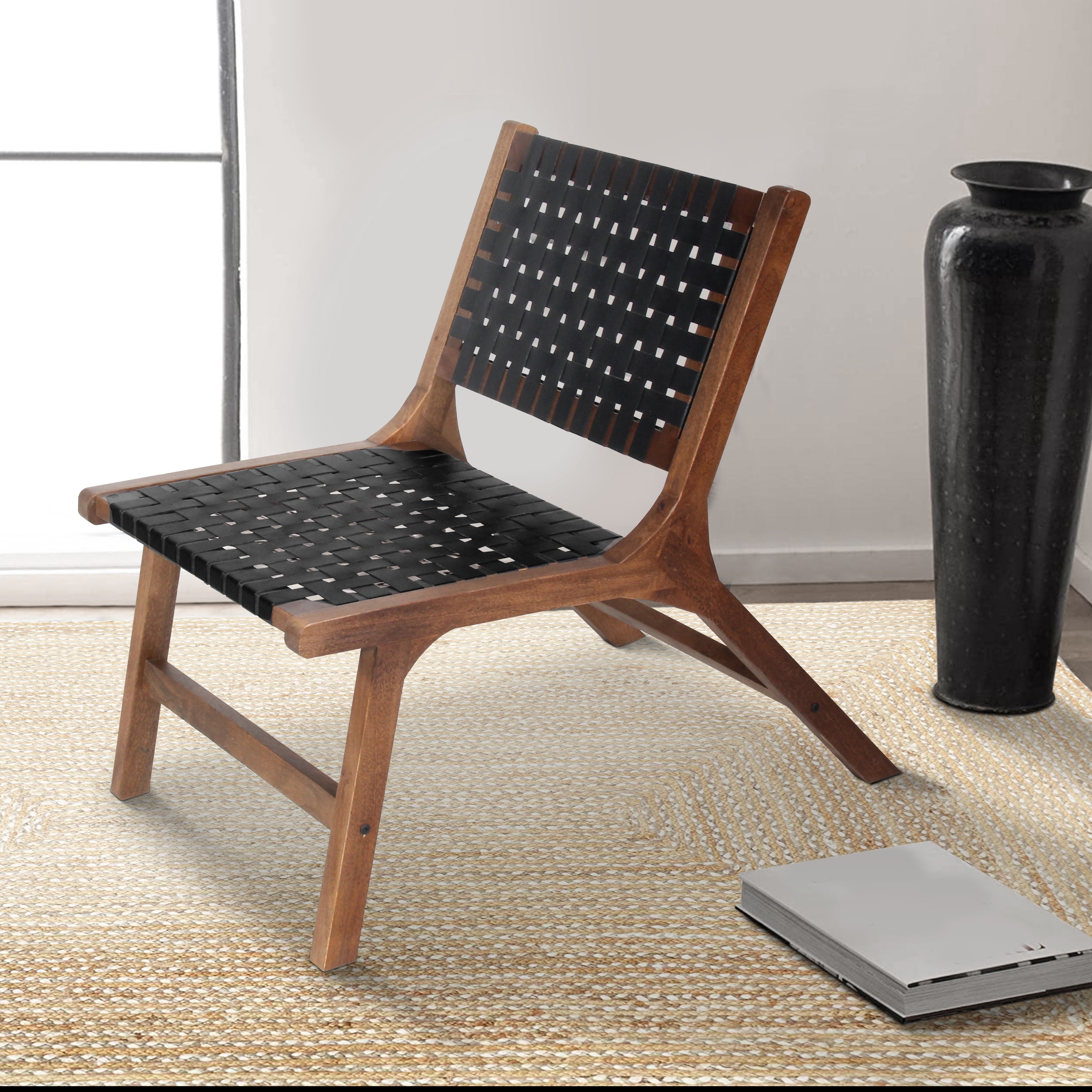 Mid Century Solid Wood Accent Chair with Woven Leather Seat Dark
