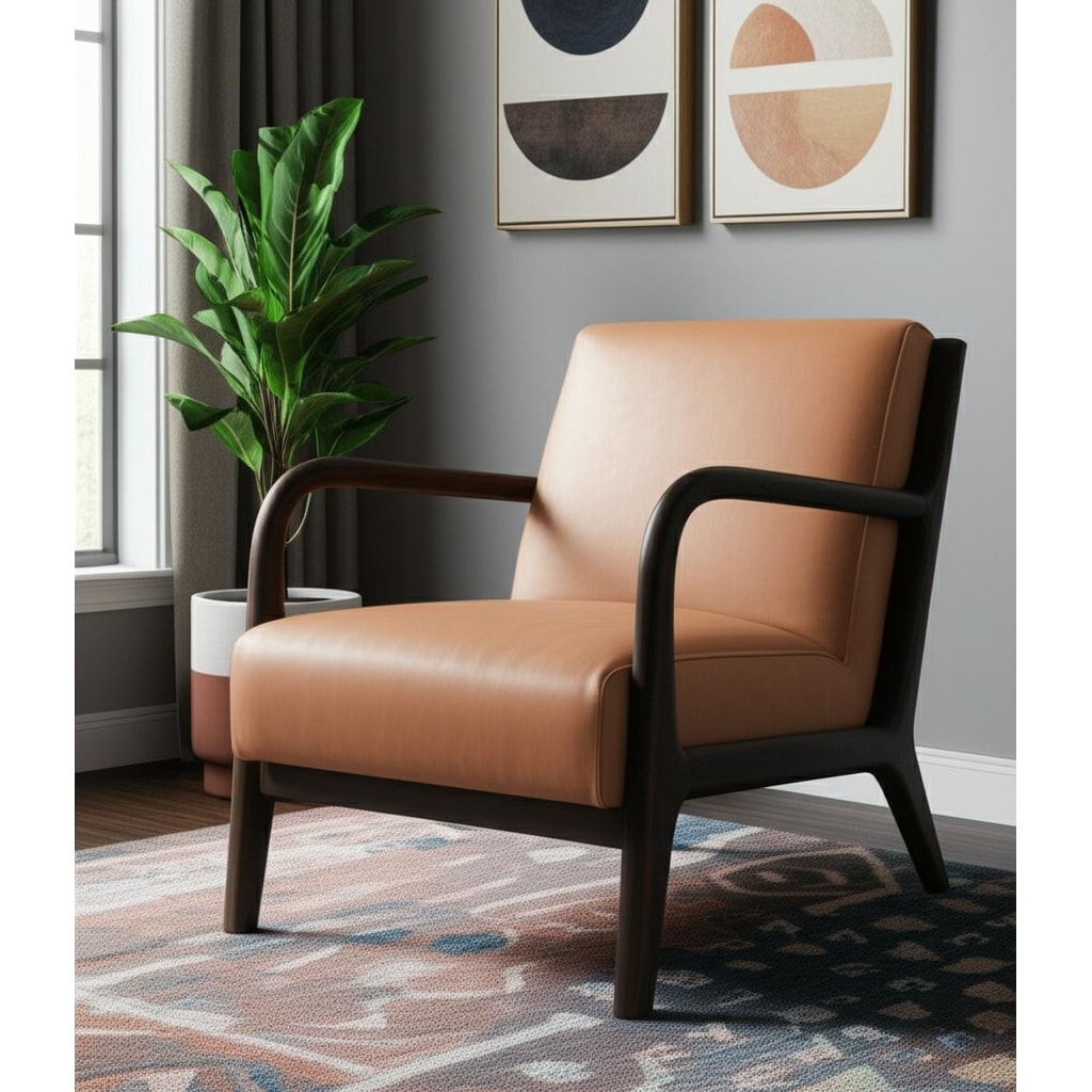 HomeRoots 26" Tan and Dark Brown Genuine Leather and Solid Wood Arm Chair - 26.00 in. x 29.50 in. x 32.00 in.