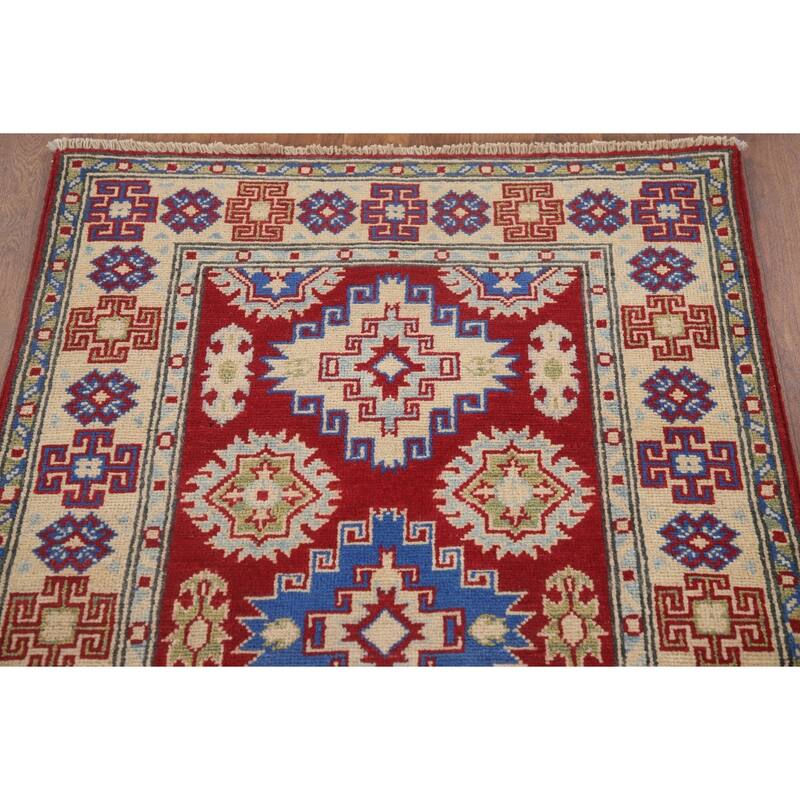 Hand Knotted Oriental 100% Wool Carpet Traditional Geometric Red Kazak Runner Rug - 8' 7'' X 2' 8''