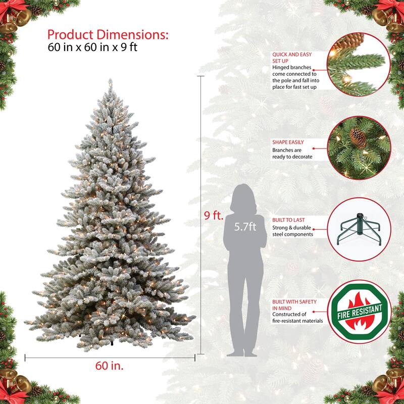 Puleo International 9 ft Pre-lit Flocked Royal Majestic Fraser Fir Artificial Christmas Tree with 800 Warm White LED Lights