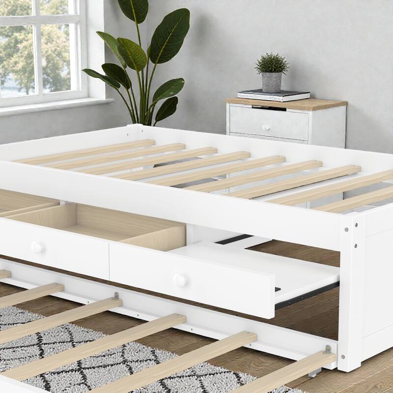 Platform Bed with Trundle, 2 Storage Drawers and Built In Power Strip, Solid Wood Bed Frame