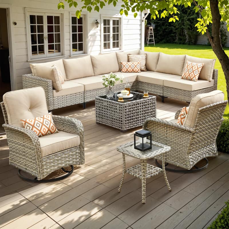 XIZZI 10-piece Patio Furniture Wicker Sectional Set with Swivel Chair - Beige