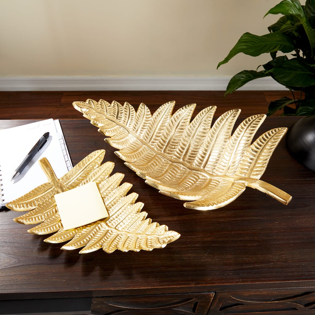 Gold Aluminum Metal Leaf Living Room Decor Tray (Set of 2) - 18 x 11 x 4